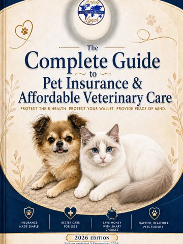 Cover of a pet insurance and veterinary care guide with a dog and cat.