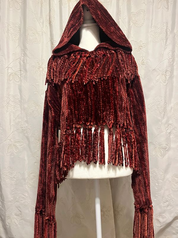 Burgundy and red fringe collared thrift flip created from a knit blanket!