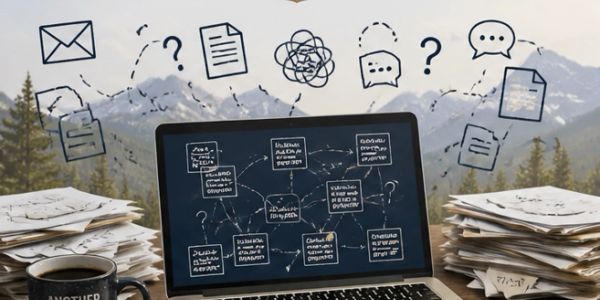Laptop with flowchart and paperwork, mountain backdrop.