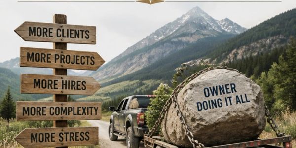 Truck hauling a large rock labeled 'Owner Doing It All' with signs pointing to increasing business challenges.