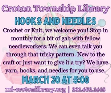 Yarn  and knitting needles on pink background. Event information