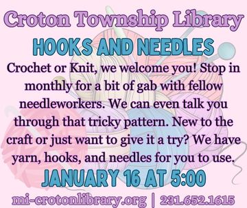 Yarn, knitting needles, and crochet hook on pink background. event information