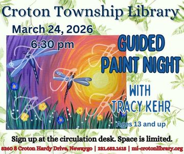 event details. dragonfly painting in foreground. leafy background