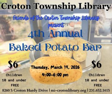 Potato on a pedestal with book and photos in the background. Event information
