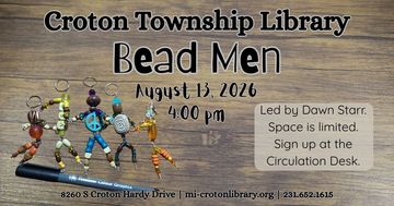 tabletop in background. men made of beads. event information
