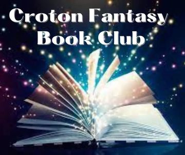 Dark background. open book with sparkles. Croton Fantasy Book Club