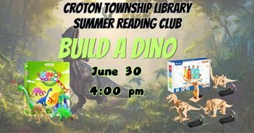 event information. photos of craft supplies. dinosaur background