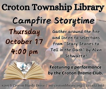 book, campfire, s'mores, and event information