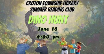 children hunting t-rex with foam dart guns. event information
