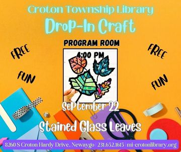 Craft supplies on yellow background, example of stained glass leaves. event information