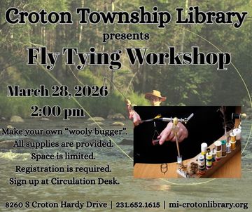 fly fisherman in wooded river fishing background. event details. fly tying equipment and supplies.