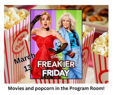 boxes of popcorn behind movie poster. event information