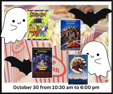 boxes of popcorn, movie posters, and event information