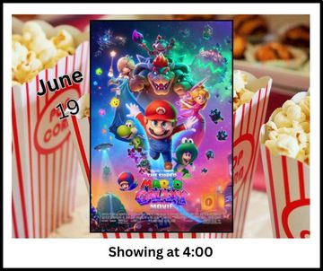 event information. popcorn in background. movie poster for featured movie