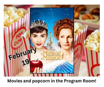 boxes of popcorn behind movie poster. event information