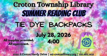 tie dye background. backpack. event information