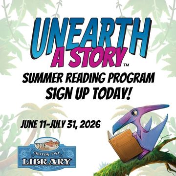 jungle background, flying dino reading a book. summer reading june11-july31