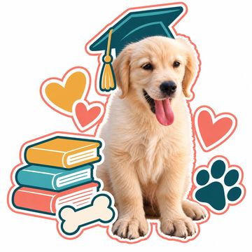 Cute puppy wearing a graduation cap with books and hearts.