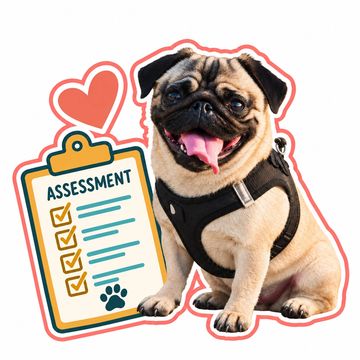 Happy pug with an assessment clipboard and heart graphic.