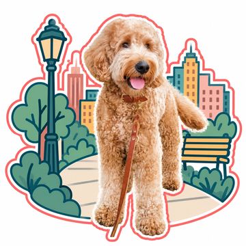 Happy dog standing on a city park path.