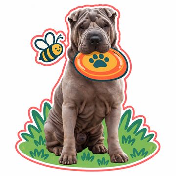 Shar Pei dog holding a frisbee with a bee illustration.