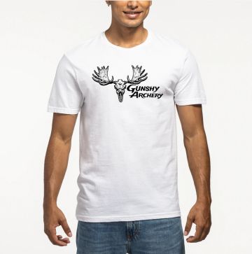Man wearing a white T-shirt with a Gunshy Archery logo featuring a deer skull and antlers.