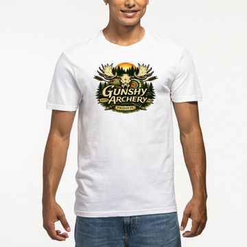 Man wearing a white T-shirt with a colorful Gunshy Archery graphic.