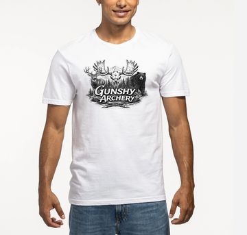Man wearing a white T-shirt with a Gunshy Archery graphic.