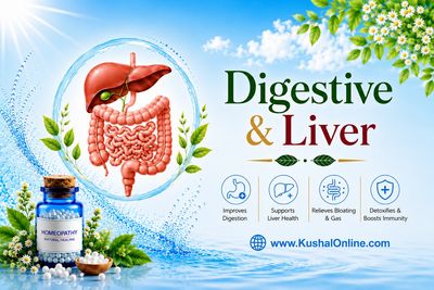 Illustration of digestive and liver health benefits with homeopathic medicine.