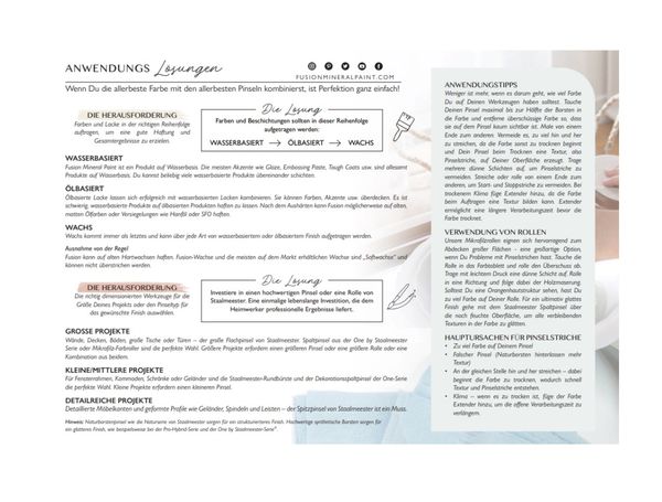 Anleitung zur Anwendung von Farben und Pinseln mit Tipps für Wasser-, Öl- und Wachsbasiertes Auftragen.