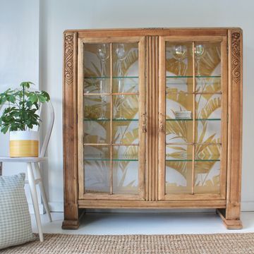 Vintage Display Cabinet Solid Wood Refurbished Painted Yellow Banana Leaf Wallpaper toughened Glass 