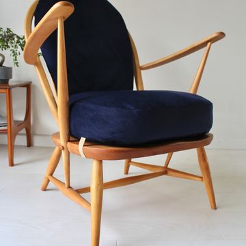Ercol Armchair Fleur De Lys Low Chair Mid Century Modern Solid Wood Elm Beech Omega Velvet Midnight 