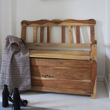 Storage Monk Bench Hallway Solid Acacia Hard Wood Sturdy Carved Detailing Hinged Seat Refurbished