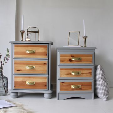 Bedside Cabinets Pair Pine Wood Brass Effect Cup Handles 'Baja Gray' Grey
