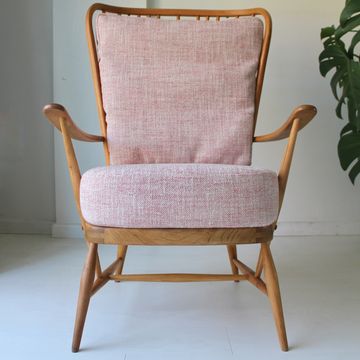 ERCOL Tall Back Easy Chair Model 478 Beech Wood oak Linwood pink tweed style  Mid-Century 1960s  