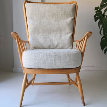 ERCOL Windsor Evergreen Easy Chair Armchair Beech Wood Blond  Tweed Style Off White Original 1980s  