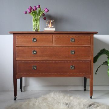 Antique Edwardian Chest of Drawers  Wood Mahogany Castor Wheels Original Refurbished Painted ca 1910