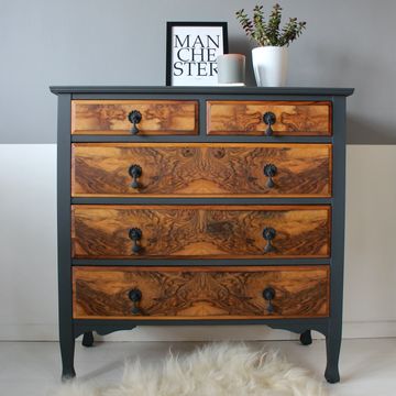 Antique Chest of Drawers Solid Wood Walnut Burr Veneer Vintage Painted Dixie Belle Paint Dark Grey 