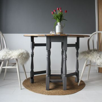 Vintage Dining Table Gate Leg Drop Leaf Oval Extendable Oak Wood Handpainted Stencil Grey 1980s 