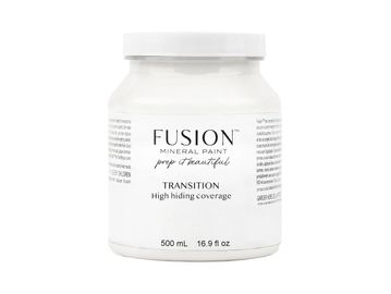 A jar of Fusion Mineral Paint in white, labeled Transition with high coverage.