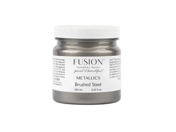 A jar of Fusion Mineral Paint Metallics in Brushed Steel.