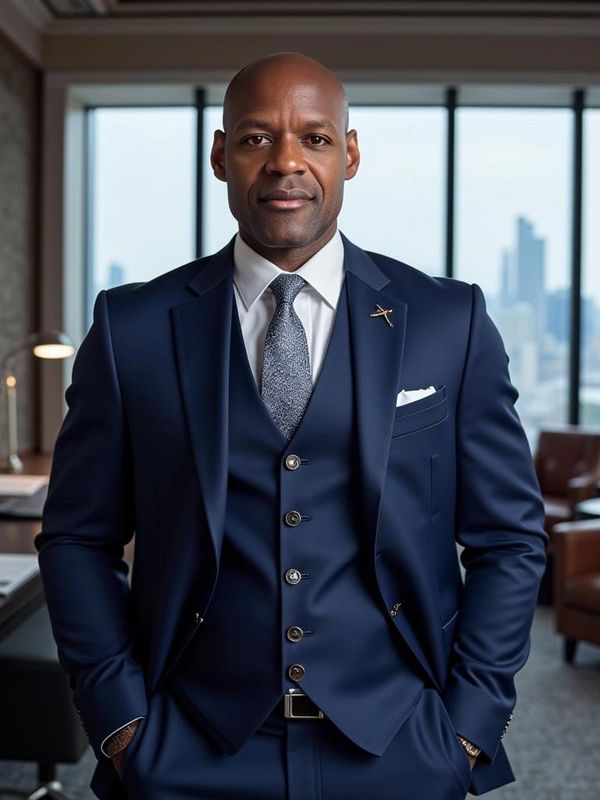 Confident man in a navy blue suit standing in an office with city views.