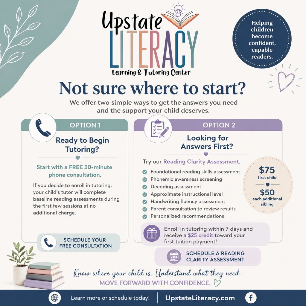 Upstate Literacy offers tutoring and reading assessments for children.