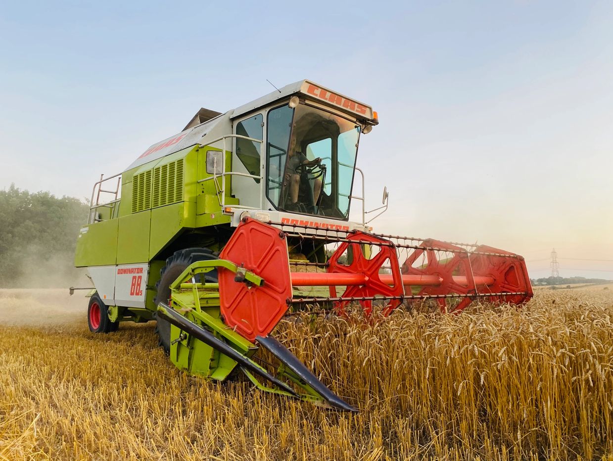 A combine harvester working in a wheat field during harvest.
