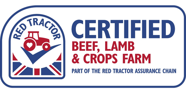 Certified Red Tractor label for beef, lamb, and crops farm assurance.