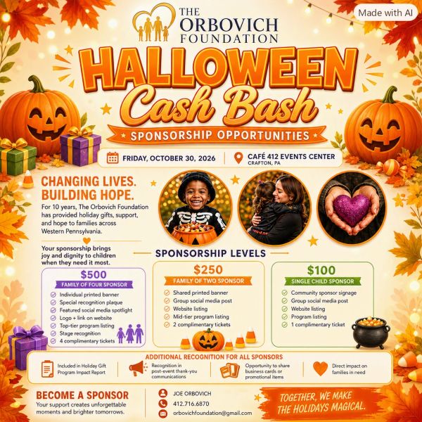 Halloween Cash Bash sponsorship opportunities by The Orbovich Foundation on October 30, 2026.