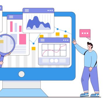artificial intelligence consultants pointing to a monitor showing charts representing data