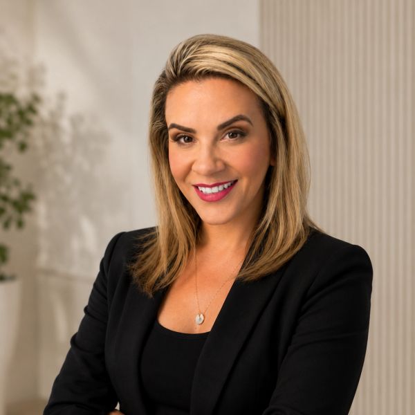 Confident woman in black blazer smiling with arms crossed.