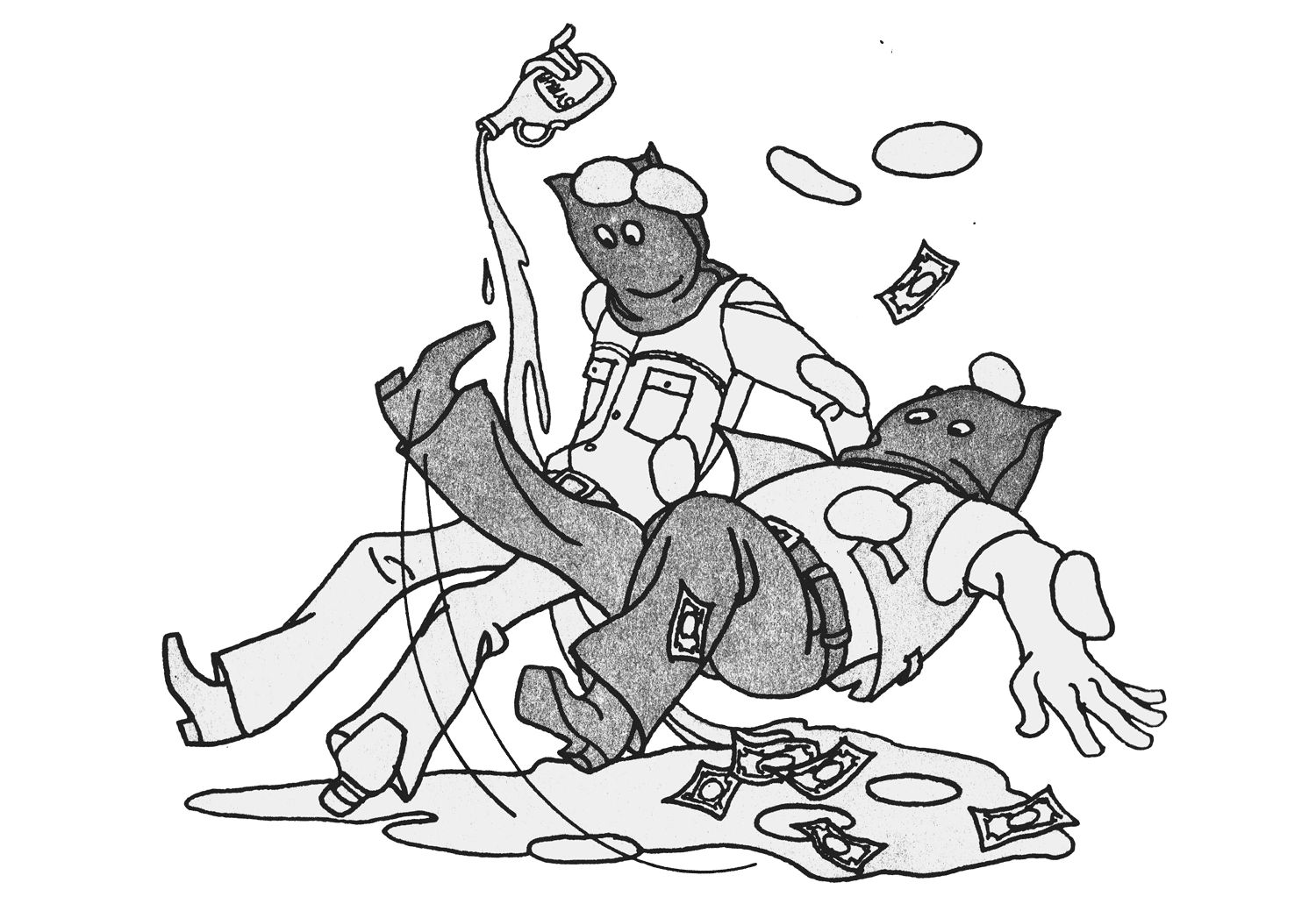Two cartoon characters with cat faces slip on a puddle with scattered money around.