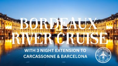 Bordeaux river cruise advertisement with nighttime cityscape and reflections.